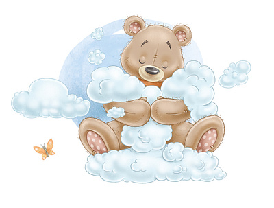 Cute teddy bear dreaming and hugging clouds animal butterfly character clouds cute design digital drawing hand drawn hugs illustration mammal plush sitting sleep stylized teddybear toy watercolor background