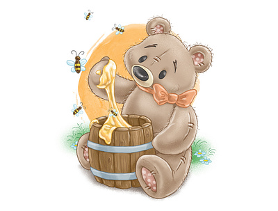 Cute teddy bear eating honey character eating hand drawn honey illustration plush teddy bear toy toys
