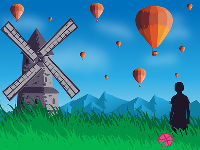 Dribbble in five elements of nature -Air air baloons colour design dribbble illustration landscape windmill