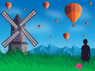 Dribbble in five elements of nature -Air air baloons colour design dribbble illustration landscape windmill