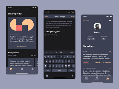 Daily Prompt app clean dark mode design ios mobile ui