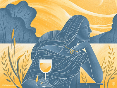 The Thinker by the Fallow Fields. colour countryside field flow illustration illustrator limited colour palette monochrome nature procreate stylish wheat wine woman
