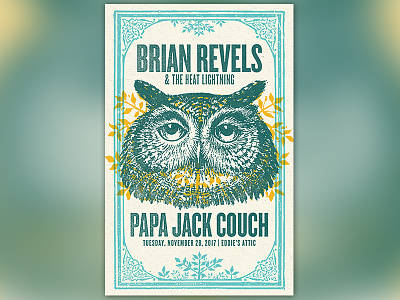 Brian Revels Gig Poster blue design owl poster print screen print texture yellow