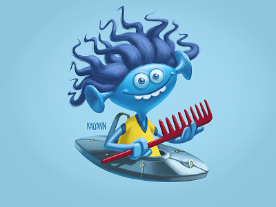 Blue alien with unruly hair alien blue brush flying flying saucer unruly hair