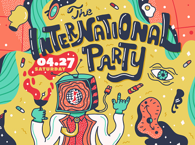 The International Party cocktail eye hand drawn handlettering illustration tv head typography
