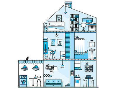 My Home blue house illustration interior lineart vector