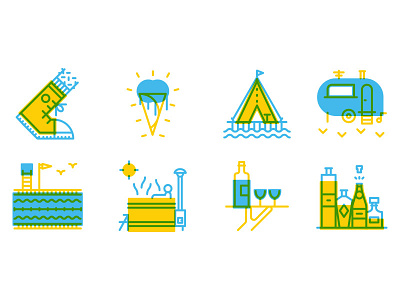 Knack Weekend icons bottle bottles camping ice cream icon line multiply overlay swimming pool walking