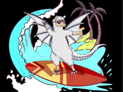 Surfing llama dragon illustration for t-shirt