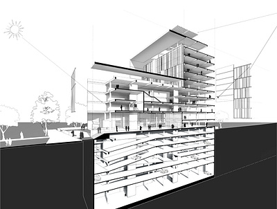 Sectional perspective 2 architecture illustration post production render vector visualization