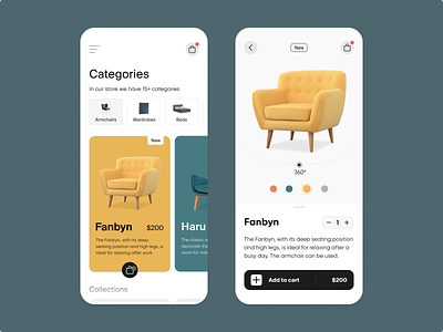 The Furniture E-commerce App 3d app armchairs chair clean design e commerce design ecommerce furniture app furniture store ios item card minimalist mobile online store product design property shop table yellow