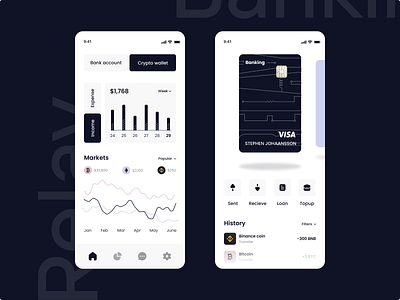 Crypto Wallet Banking App bank account binance coin bitcoin bitcoin wallet clean crypto crypto currency crypto wallet dashboard design finance app fintech investment app markets mobile design online banking ui visa wallet white