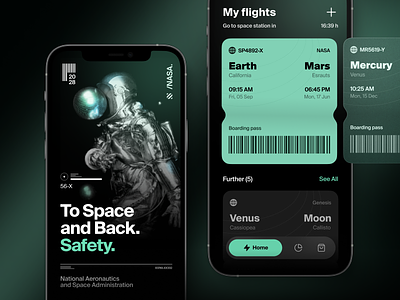 Space Tourism App Concept dark mode mercury mobile wallet online flights space app space tickets space tourism traveling to mars ui ux wallet