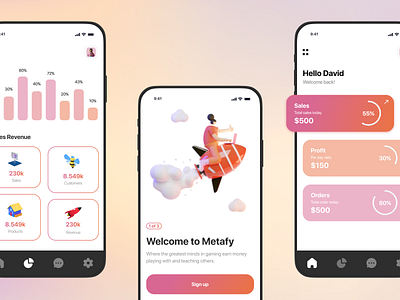 Metafy Online Coach 3d app coach customers design earn gaming coach illustration metafy mobile mobile design onbording online coach orders playing profit revenue sales ui ux