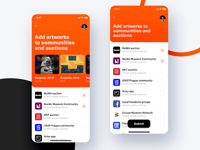 iOS App for American Museums and Artists Communities app artist artworks auction clean community dark dashboard feed ios list mobile moma orange oranges paints ui white