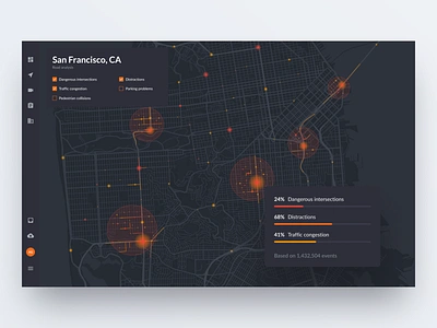 Road Accidents Map accidents map auto automotive big data car clean dark design distractions gps interface map orange road traffic congestion web