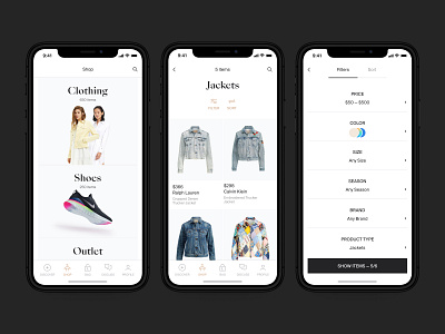 Fashion app catalog clean clothes dark fashion interface ios serif typography white