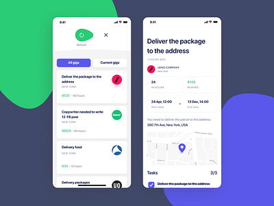 Gigs finding app dashboard delivery feed ios map white