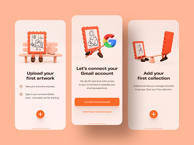 App for Artists and Galleries (On-boarding) app artist artists cards clean dashboard galleries gallery google ios mobile new york onboarding orange orange color overview paintings ui white