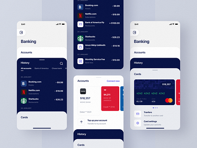 Banking App Branding account app bank bank account banking blue cards dark blue dashboard ui fintech history home ios mastercard menu mobile money red visa white