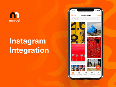 App for artists and galleries – on-boarding artist cards clean dashboard gallery instagram integration ios orange overview paintings share white