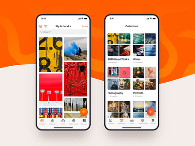 App for artists and galleries – home screen artist cards clean dashboard gallery ios new york orange overview paintings white