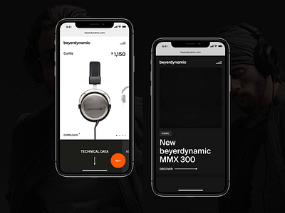 Beyerdynamic Mobile Website Concept adaptive animation app black clean dark design e commerce eshop headphones ios mic mobile newsfeed products page shop ui website