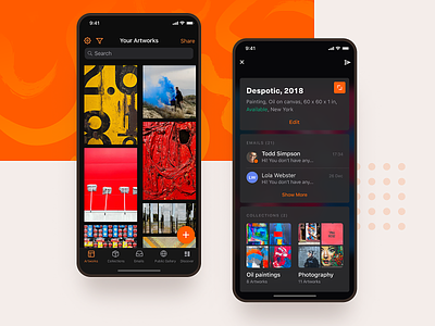 Dark Theme App for Artists and Galleries app artist dark dark app dark mode dark theme dark ui description design details gallery ios mobile museum paintings storage