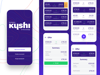 Kyshi - marketplace for free exchange app currency exchange details finance fintech ios login marketplace mobile payment purple summary white