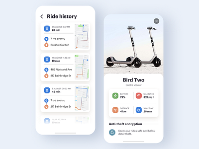 Electro scooter rent app app clean design details history ios map mobile rent rent rental rental app renting scooters ui white