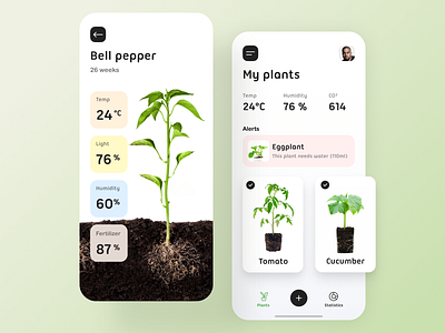 Plants monitoring app analysis app cards clean contol dashboard design details green ios mobile monitoring plants tracking ui white