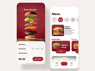 Restaurant App app burgers cafe cart custom editing order ios menu order red restaurant white
