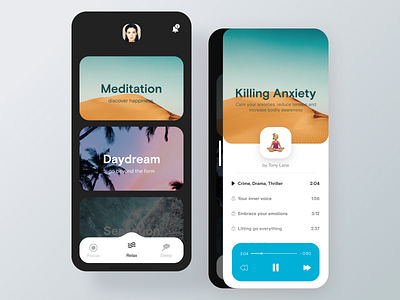 Meditation App app dark dashboard design ios list of songs meditaion mobile player ui relaxation app typography white