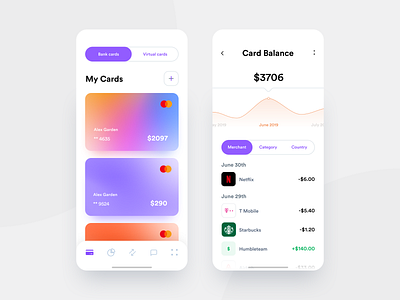 App for All Your Cards analytics app balance bank bank card banking banking app cards clean fintech gradient graphic history ios mobile purple transactions virtual card white