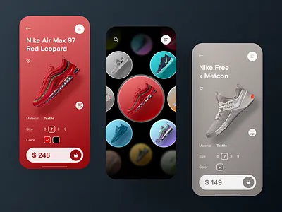 Sneakers E-commence App app buying cards clean dark design grey ios item card mobile online shop online store promo red shop sneakerhead sneakers