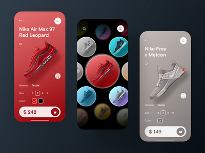 Sneakers E-commence App app buying cards clean dark design grey ios item card mobile online shop online store promo red shop sneakerhead sneakers