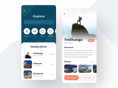 Travel app – explore dashboard and place details app design hotels ios mobile places restaurants shops tour tours travel travel app traveling white