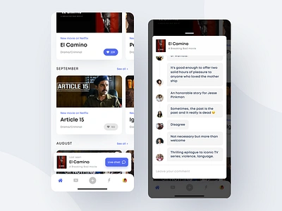 Movie and TV shows App app chat clean comment comments dashboard design film films ios mobile movies reviews tv shows ui white