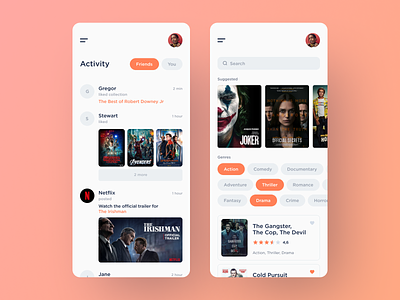 Social Movie Experience App app clean feed film films genres ios mobile movie movies search suggested tv show tv shows ui white