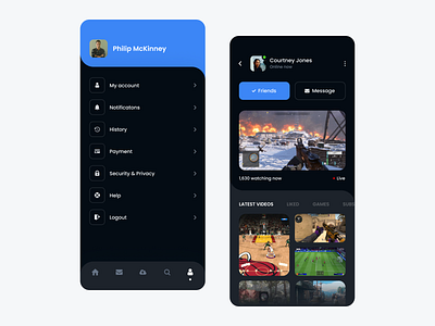 Game Streaming App app dark dashboard design esport esports games gaming ios live streaming mobile product design profile profile card profile design profile page streaming streaming app ui