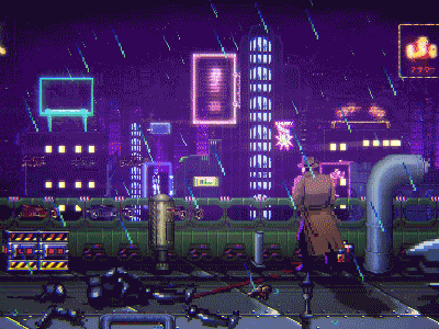 The Last Night animation art city cyberpunk game pixel pixelart rain retrowave sega snes