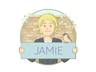 Jamie and a sparrow app bird blonde boy brick brush character design education english girl illustration ivy leaf learning lgbtq man nature wall woman