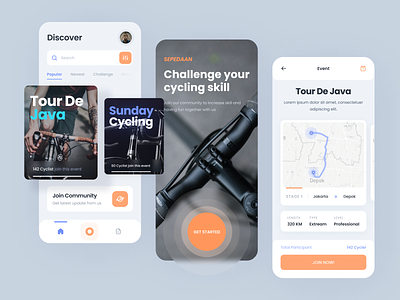 Cycling app - visual exploration bicycle card challenge community cycle cycling app join layout map route
