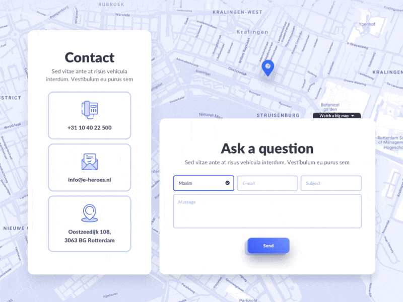 Сontact, map, question agency agency website animation blue clean clean ui onepage ui uiux webdesign website