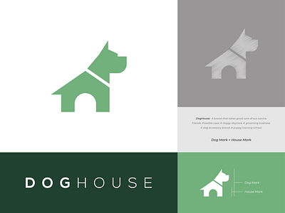 DOGHOUSE Logo Concepts. branding brandmark business logo dog dog logo acre dogcare doghouse dogmark graphic design house housemark logo logo design logomark puppy puppy care house puppy house puppy training puppy vector puppycare