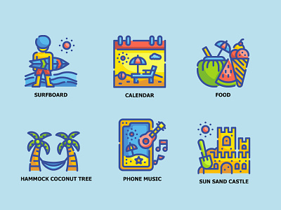Summertime 6 ICONS beach coconut tree color flat hammock holiday hot icecream icon illustration music outline relax sand sandcastle sea surf vacation vector
