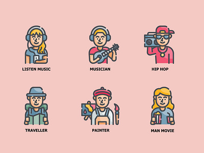 Life Style Avatar avatar color design flat icon illustration life style man music outline people travel vector woman