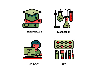 Education 4 Flat Outline Icons art color education laboratory learn mortarboard school student study watercolor