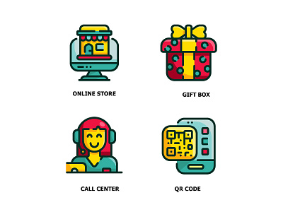 Shopping and Store Flat Outline Icons advertising box call center color computer design flat gift icon illustration marketing online outline qrcode seller shopping store