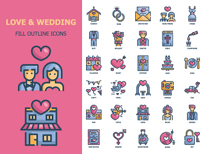 Wedding Fill Outline icons color flat heart icon love marriage outline valentine wedding
