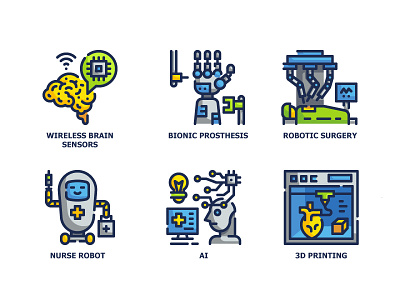 Medical Echnology Fill Outline Icons 3d printing ai fill flat icon illustration medical medicine outline prosthetic robot surgery technology vector